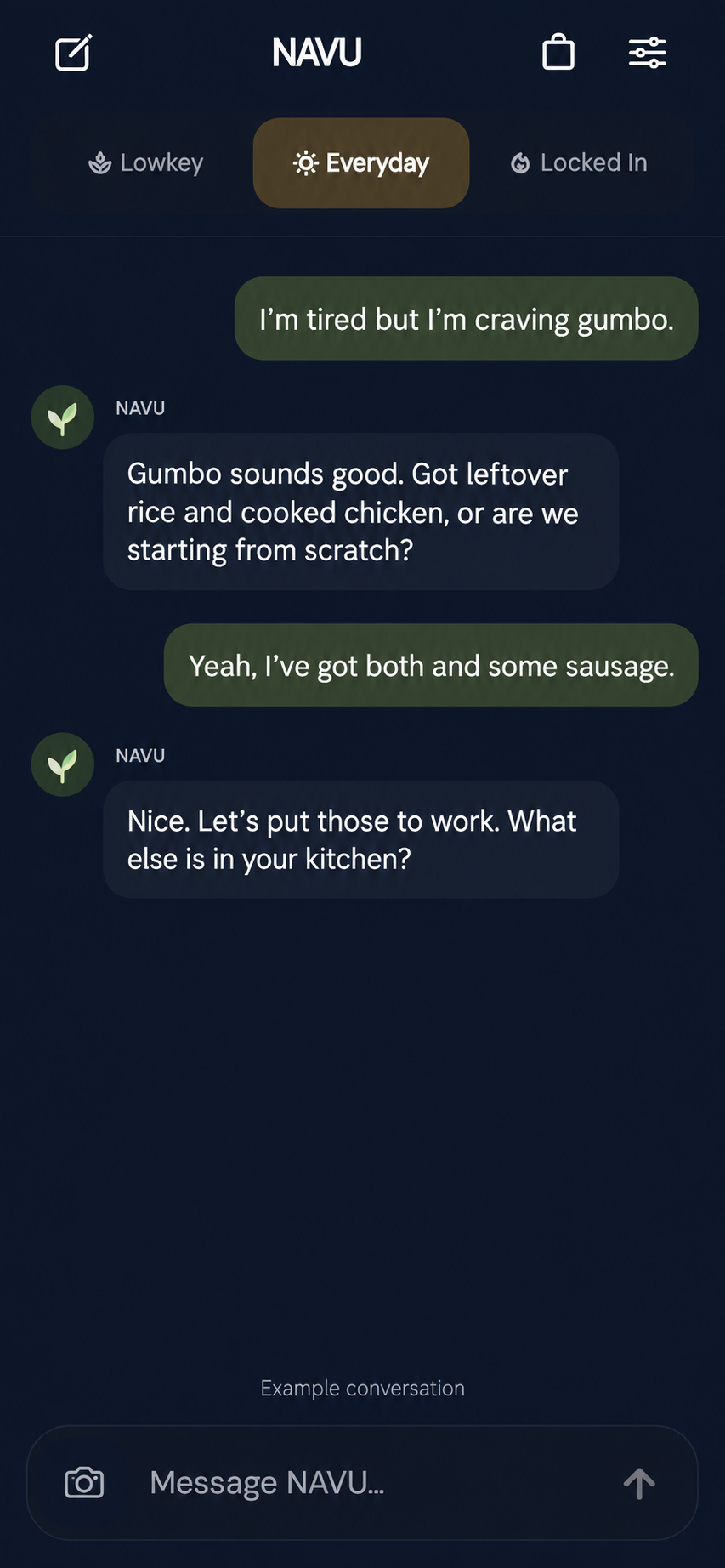 Illustrative NAVU conversation: a tired user asks for gumbo and discusses rice, chicken, and sausage they already have